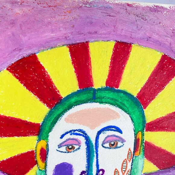 Halo Portrait Original Colorful Oil Pastel Drawing Wall Art 11x14in Matted - Picture 5 of 7